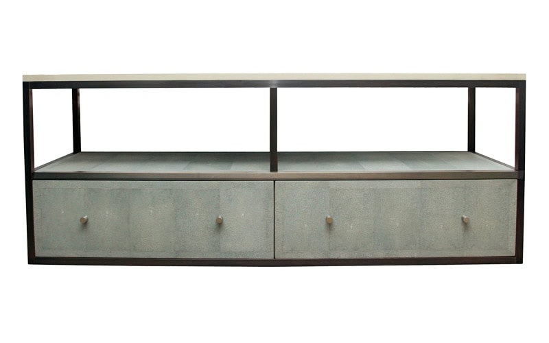 The VW Media Console. Bronze frame, two wood drawers, elevated stone top. Shagreen Finish 